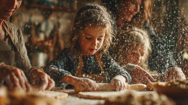 Children and adults enjoy baking together while making dough in a cozy kitchen during a sunny afternoon