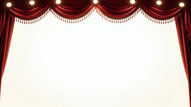 Theatrical red velvet curtains with golden tassels opening to a brightly lit empty stage for a show or presentation