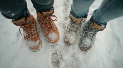 Couple enjoying a snowy day while standing together in winter boots on a snowy pathway in a serene landscape