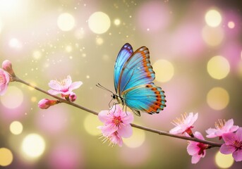 Beautiful blue butterfly rests on a delicate pink blossom branch