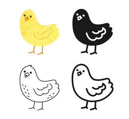 Chick symbol cartoon set. Hen, rooster little chicken comic birds character linear doodle icon. Abstract childish hand drawn poultry farm domestic small bird outline hand drawn vector illustration