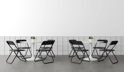 Minimalist Café Seating Set with White Round Tables and Black Folding Chairs – PNG Cutout...