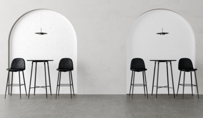 Modern Minimalist Bar Seating with Black High Stools and Round Tables – PNG Cutout Interior with Large Architectural Arches
