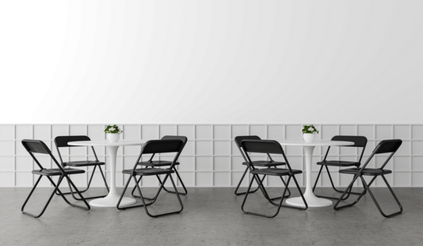 Minimalist Café Seating Set with White Round Tables and Black Folding Chairs – PNG Cutout Interior with Transparent Wall for Modern Design Mockups