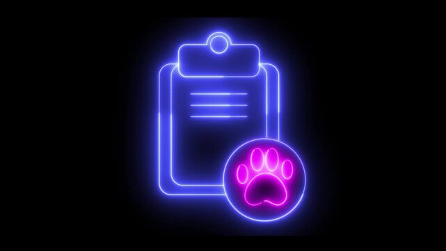 Neon light effect animation of a clipboard icon and a pet paw print