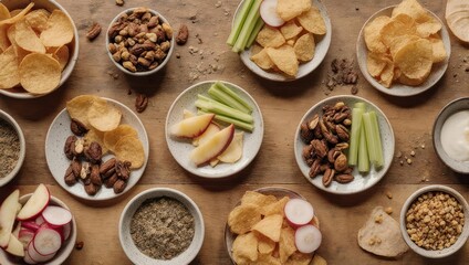 Fototapeta premium Assortment of Healthy Snacks and Dips on a Rustic Wooden Table.