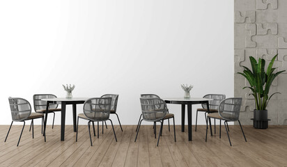 Modern Dining Set with Gray Woven Chairs and White Round Tables – PNG Interior Cutout with Puzzle-Pattern Wall for Café and Restaurant Design