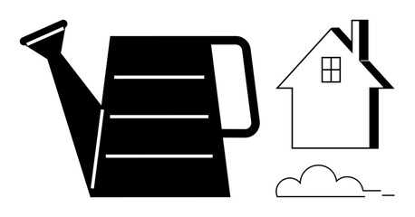 Naklejka premium Watering can, house, and stylized cloud arranged in a clean, minimalist layout. Ideal for gardening, home care, eco-living, sustainability growth agriculture and design concepts. Simple flat