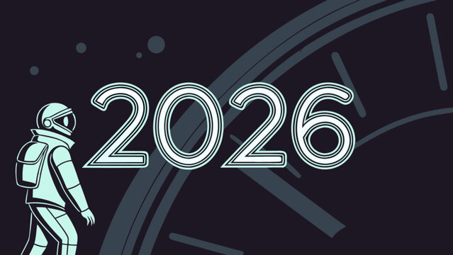 Illustration depicting an astronaut near the year 2026 with a clock in the background in a dark theme - Powered by Adobe