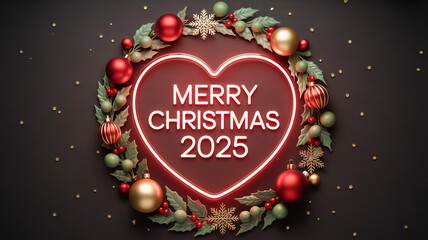 Illustration of neon heart frame with merry christmas 2025 text and wreath
