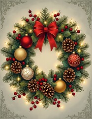 Christmas wreath made of evergreen foliage and natural decorative elements, circular festive ornament symbolizing holiday season, winter tradition, celebration and warm Christmas atmosphere