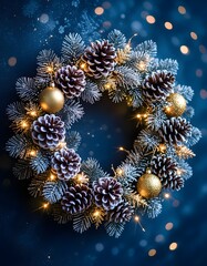 Christmas wreath made of evergreen foliage and natural decorative elements, circular festive ornament symbolizing holiday season, winter tradition, celebration and warm Christmas atmosphere