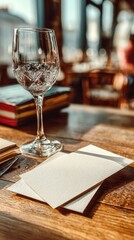 White blank card placed on a table next to a wine glass, minimalistic elegant composition with empty space for text or message, clean modern design, soft lighting, and realistic tabletop detail