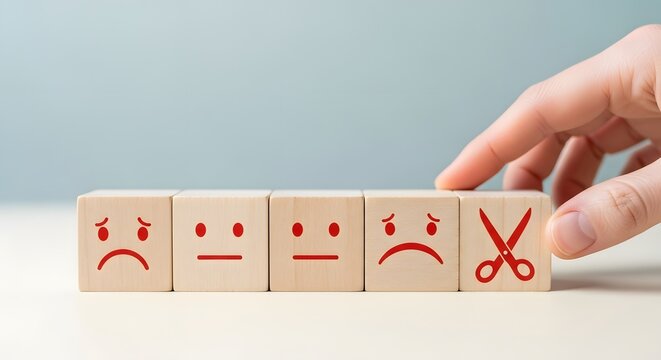 Cutting negativity and promoting positivity with wooden blocks and hand