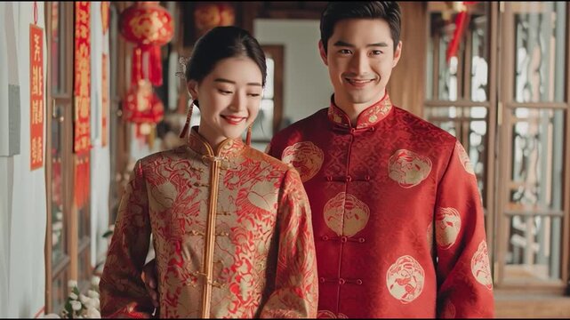A joyful couple in traditional attire celebrates their cultural heritage, showcasing vibrant colors and rich textile patterns.