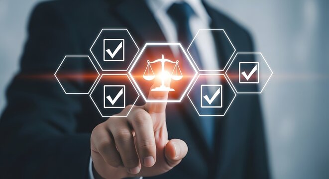 Businessman touching digital screen with scales of justice and checkmarks - Powered by Adobe