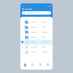 Vector illustration of mobile phone application interface for file management and cloud storage service showing folders documents screen layout