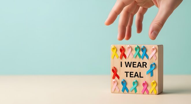 Hand reaching for teal awareness ribbon block on neutral background