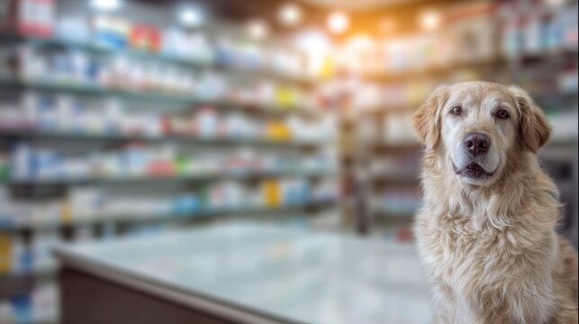 Veterinarian Clean Pet Care Product Display With a Golden Retriever in a Clinical Setting