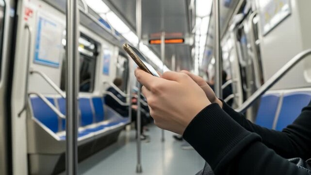Person using smartphone on subway train commuting in the city public transportation mobile technology ride