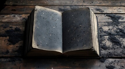 Open Antique Book Dusted with Ash on Weathered Wooden Table Surface Texture