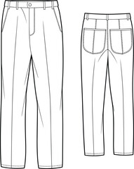 Classic Men’s Trousers Pants Fashion CAD Drawing Flat Vector Illustration, Front and Back View, Apparel Template Design Stock
