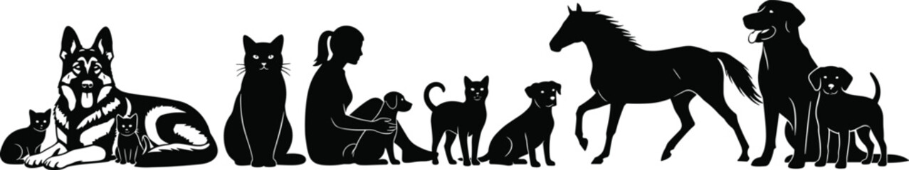 Silhouette collection of diverse pets including dogs cats and horse with woman, veterinary concept, animal group vector, black and white