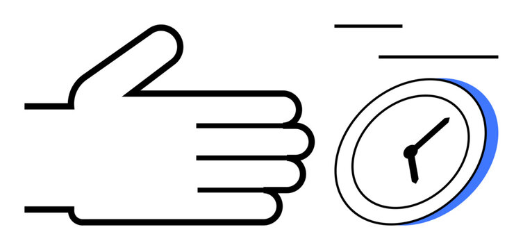 Hand shown with motion lines near a clock flying forward, symbolizing urgency, time management, fast decisions, efficiency, scheduling, productivity, progress. Ideal for simple flat metaphor