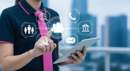 Business woman using tablet with virtual icons representing online communication