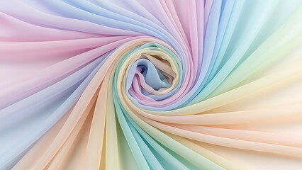 A beautiful swirl of multicolored pastel rainbow chiffon fabric, creating a soft, delicate, and abstract background texture