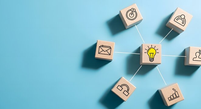 Wooden blocks with business icons connected by string on blue background