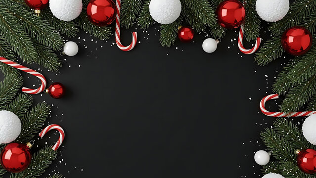 Festive Christmas decorations and fir branches creating a holiday border on a black background with copy space for text and design elements - Powered by Adobe