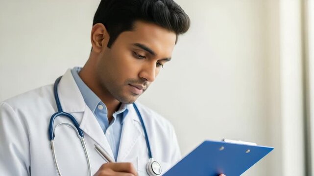 Young, confident physician standing with a stethoscope and clipboard, ready to provide professional medical care in a clinic