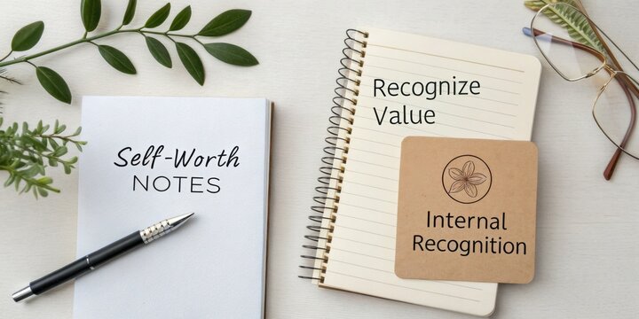 Self-Worth Notes and Internal Recognition for Personal Development on a Workspace Table with Green Leaves and Glasses
