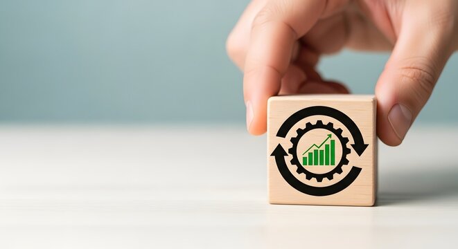 Hand placing wooden block with growth chart and circular arrows