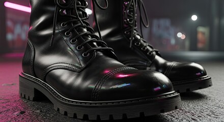 Black leather boots stand out with their edgy style and urban appeal perfect for fashion clothing apparel and street wear designs showcasing a grunge punk rock alternative aesthetic with laces eyelet