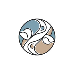 Stylized Circle Design with Intertwined Elements in Blue and Beige.