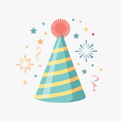Festive striped party cone with confetti and fireworks for a celebration