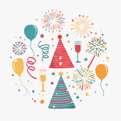 Celebration Elements Circle Party Hats, Balloons, Fireworks, and Drinks