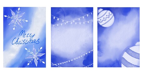 Watercolour Christmas holiday clipart set. Hand drawn winter blue greeting postcards.