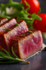 Medium Rare Steak Slices with Rosemary and Fresh Salad