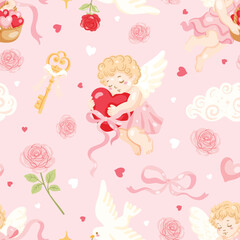 Obraz premium Cute Cupid Valentine Seamless Pattern, Romantic Angel Pastel Pattern, Sweet Love Digital Paper, Kawaii Valentine Art, Pink Cupid Pattern