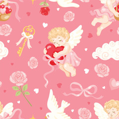 Cute Cupid Valentine Seamless Pattern, Romantic Angel Pastel Pattern, Sweet Love Digital Paper, Kawaii Valentine Art, Pink Cupid Pattern
