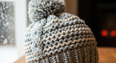 Fototapeta premium Knitted hat with a pompom sits indoors near a window and fireplace showcasing winter fashion wool yarn handmade design and cozy warm comfort for cold weather headwear apparel and seasonal style it re