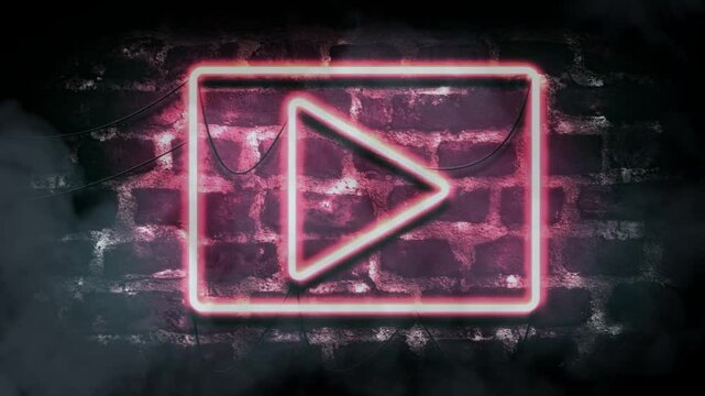 Neon play button icon glows brightly on a dark urban brick wall background with mystical smoke and strong grunge style.