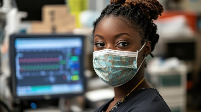 Black woman nurse wearing mask in hospital setting