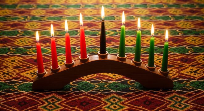 Kwanzaa Kinara with Lit Candles on Colorful Mat.