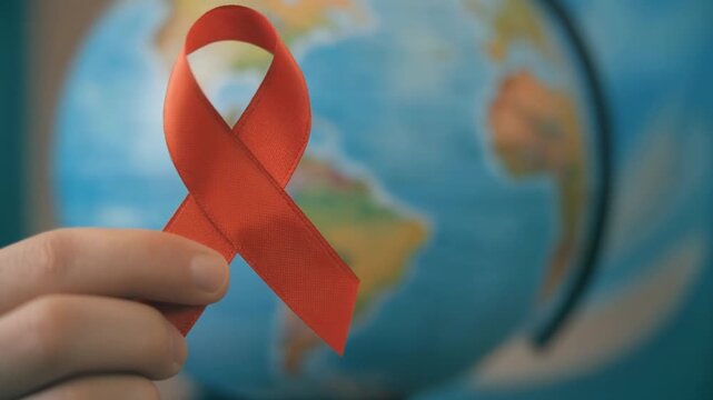 A hand holds a red ribbon symbolizing AIDS awareness in front of a globe.