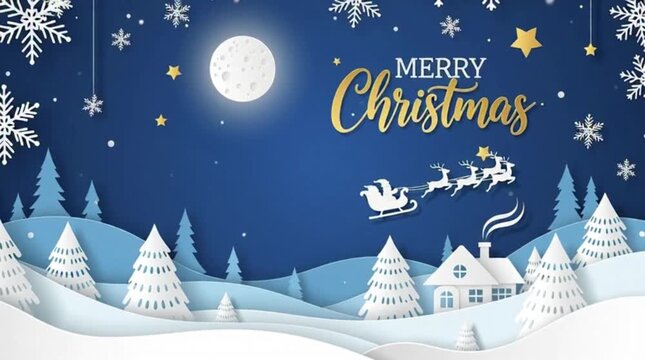 Winter christmas composition in paper cut style.Merry Christmas text Calligraphic Lettering Vector illustration.