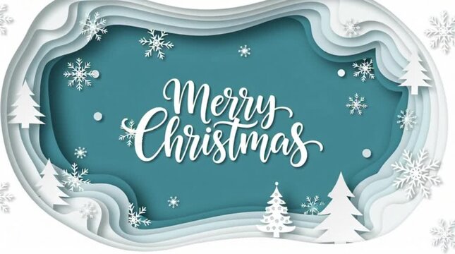 Winter christmas composition in paper cut style.Merry Christmas text Calligraphic Lettering Vector illustration.